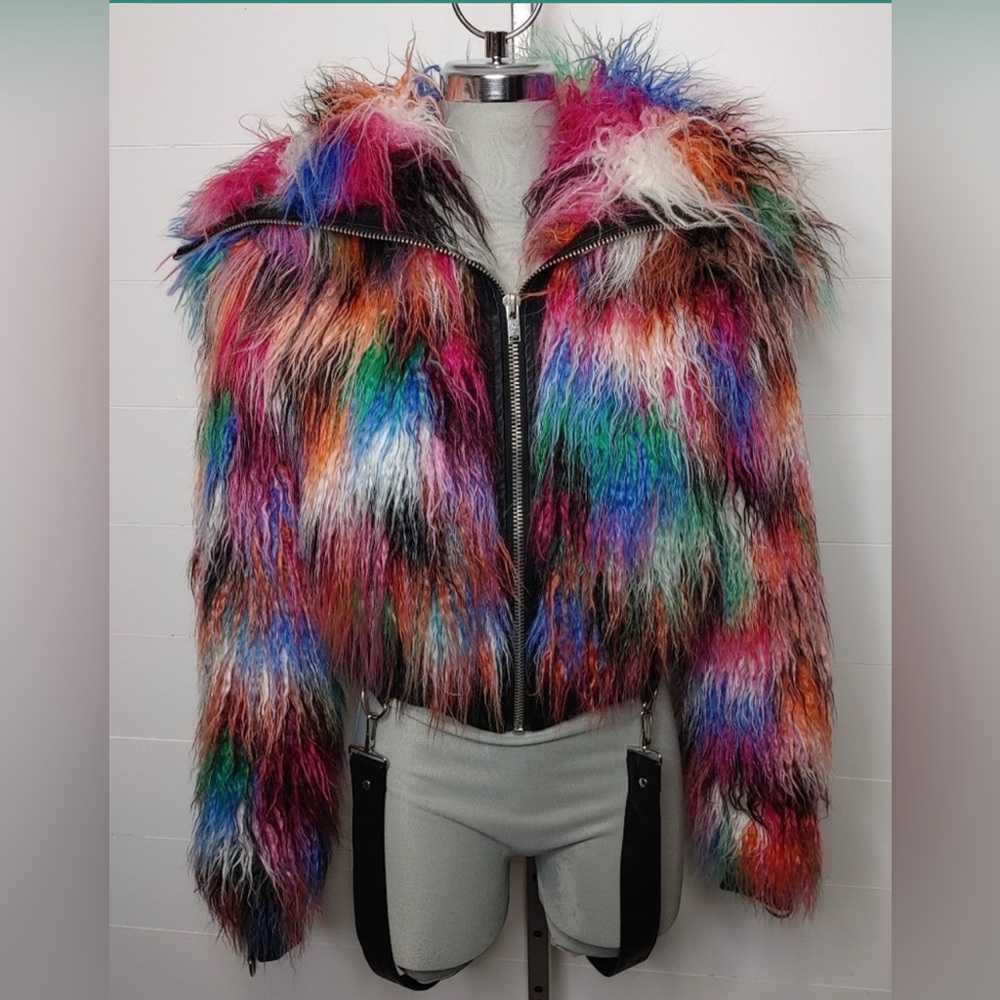 Dolls Kill Multicolor Faux Fur Shag Rave Fashion Jacket